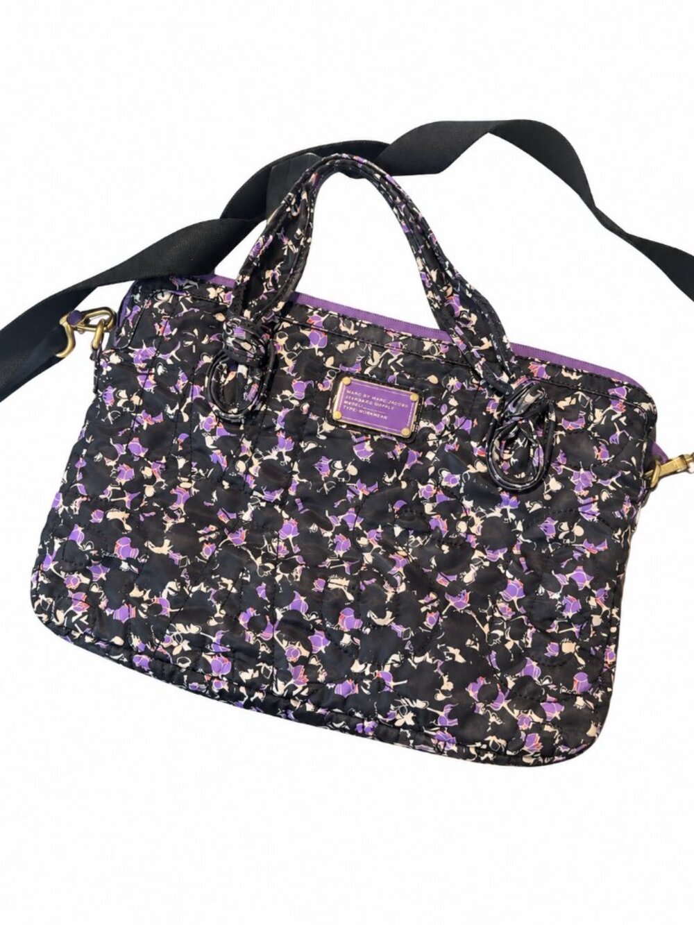 Marc by Marc Jacobs Black Purple Floral Laptop Bag Detachable Shoulder Strap
